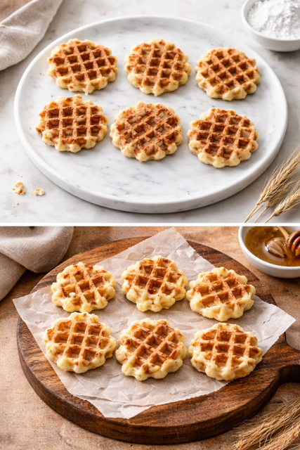 Mini vanilla waffle crisps plated with honey and toppings