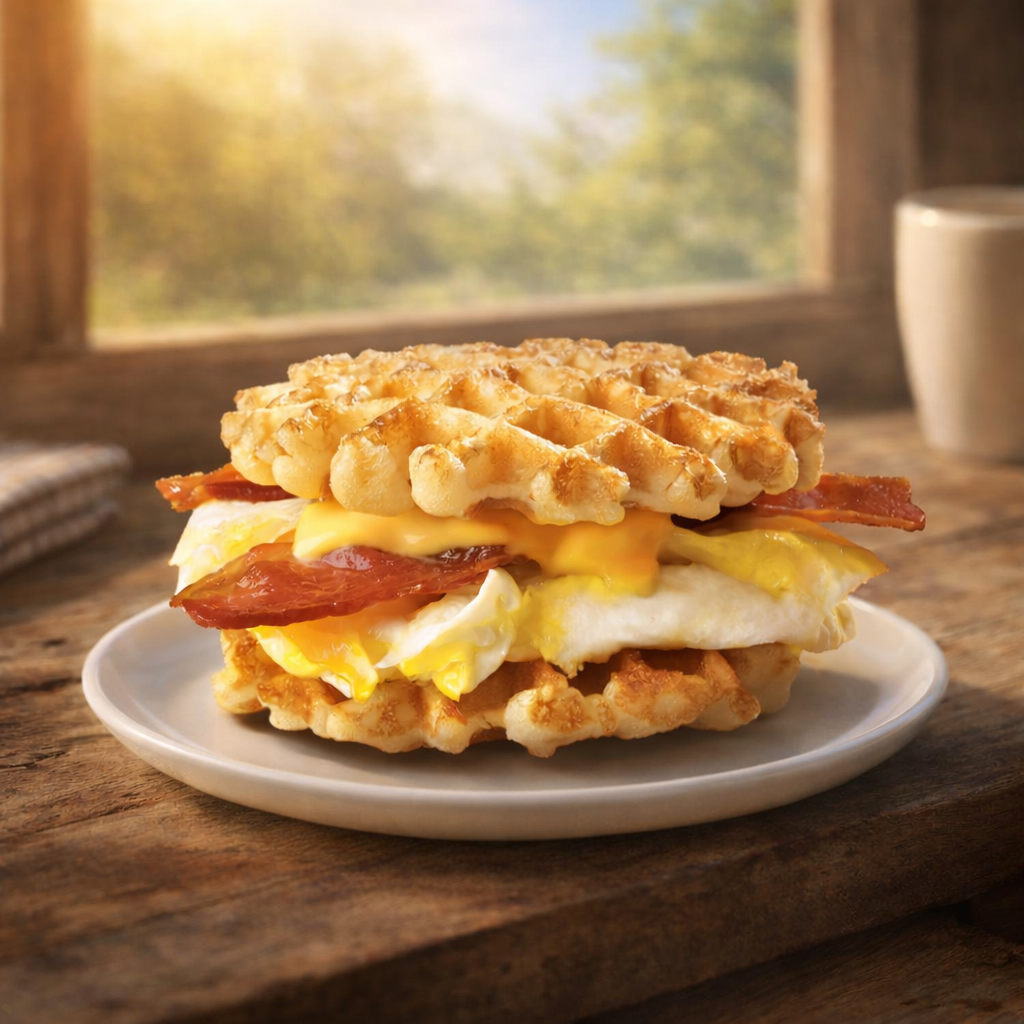 Breakfast sandwich with bacon, egg and cheese on galette sandwich waffles