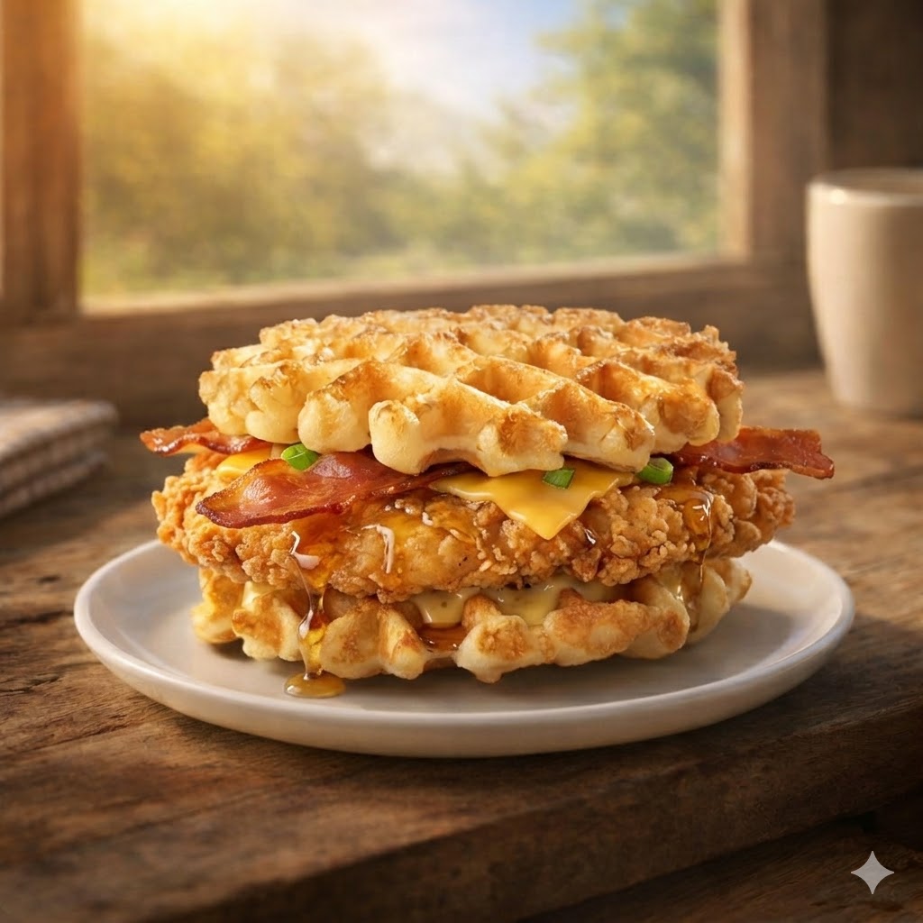 Crispy chicken sandwich with bacon and maple drizzle on galette sandwich waffles