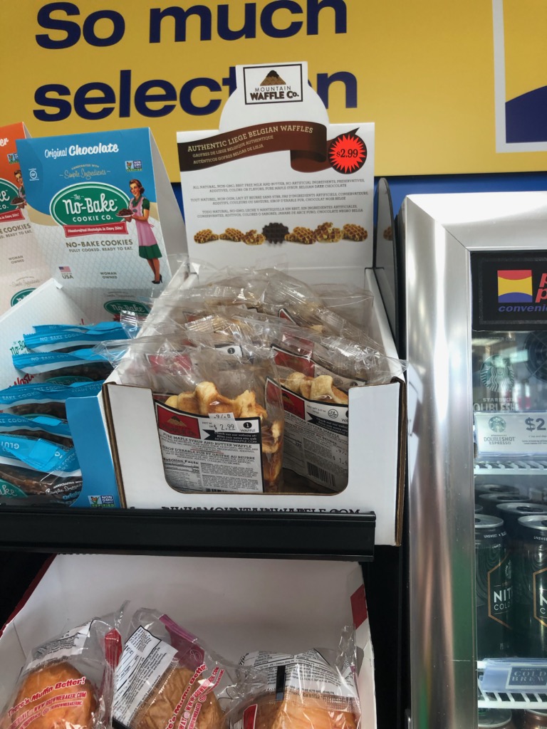 Close-up of Mountain Waffle Co. individually wrapped waffles on a retail shelf