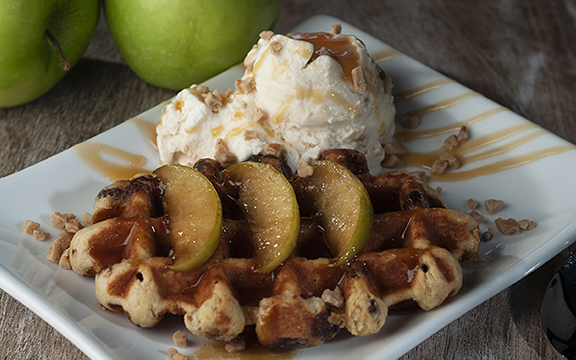 Apple toffee crunch dessert on a Liège Belgian waffle