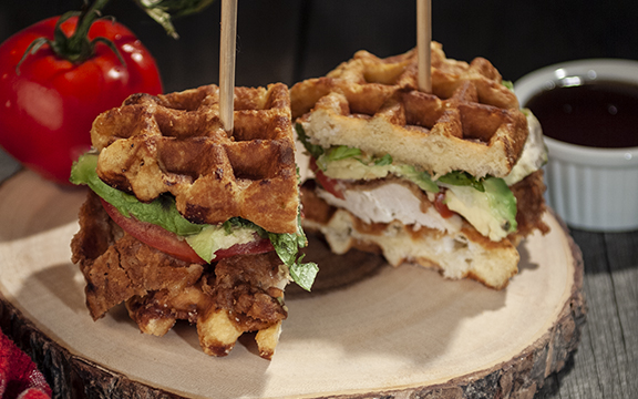 Chicken sandwich made with Liège Belgian waffles