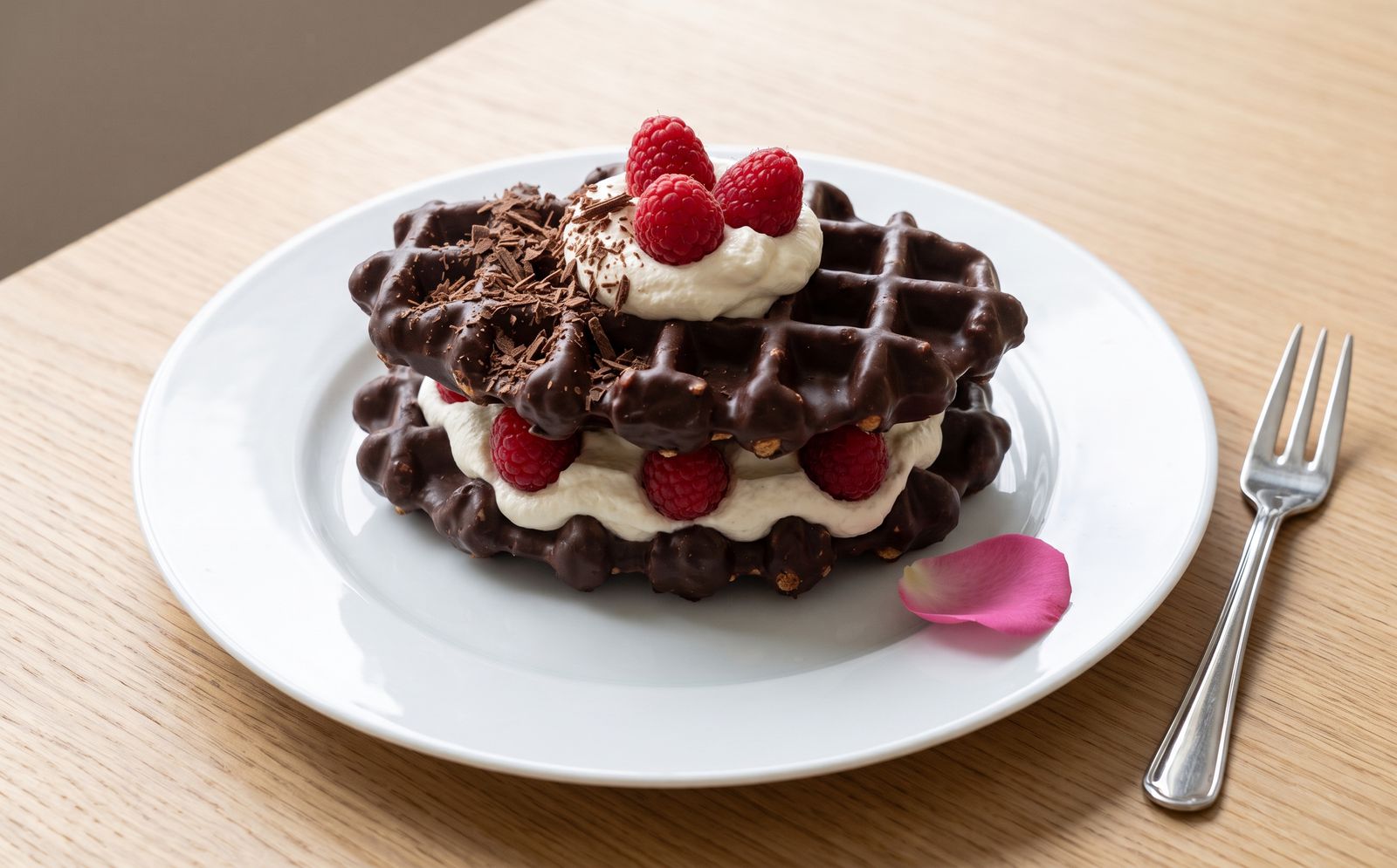 Cocoa Covered Liège waffles layered with whipped cream and raspberries