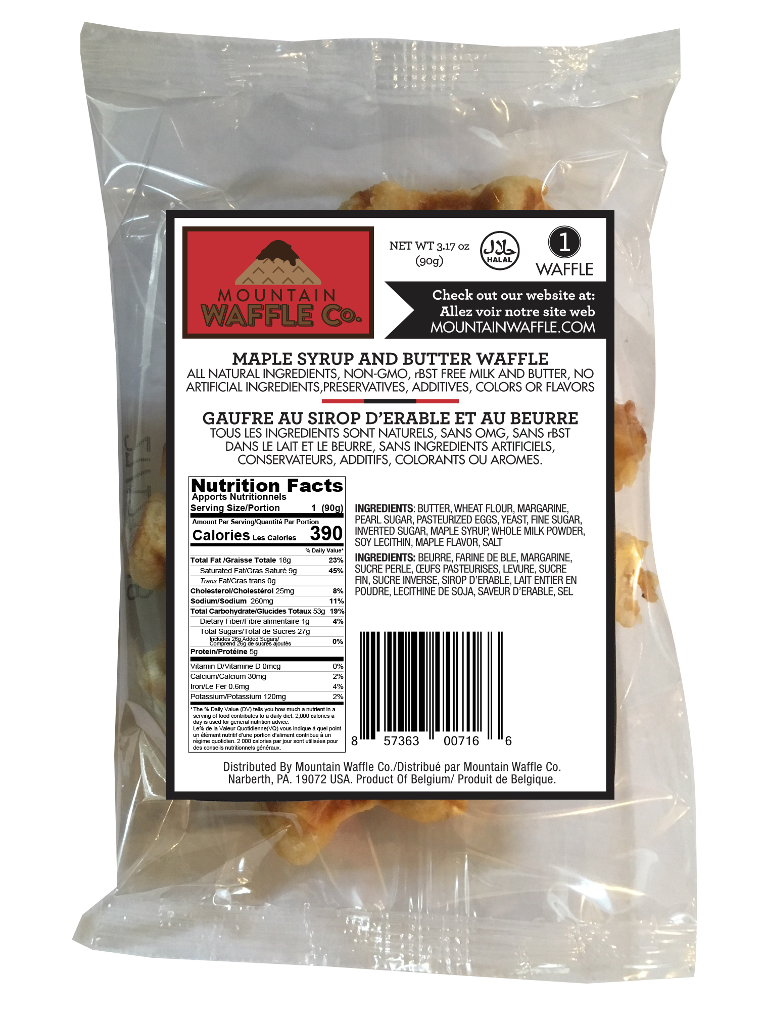 Individually wrapped Pure Maple Syrup & Butter Large Liège Belgian waffle
