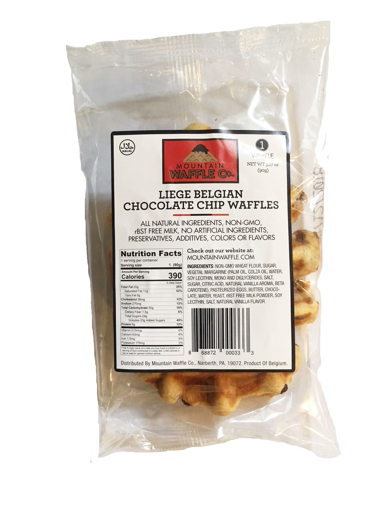 Individually wrapped Dark Chocolate Chip Medium Liège Belgian waffle