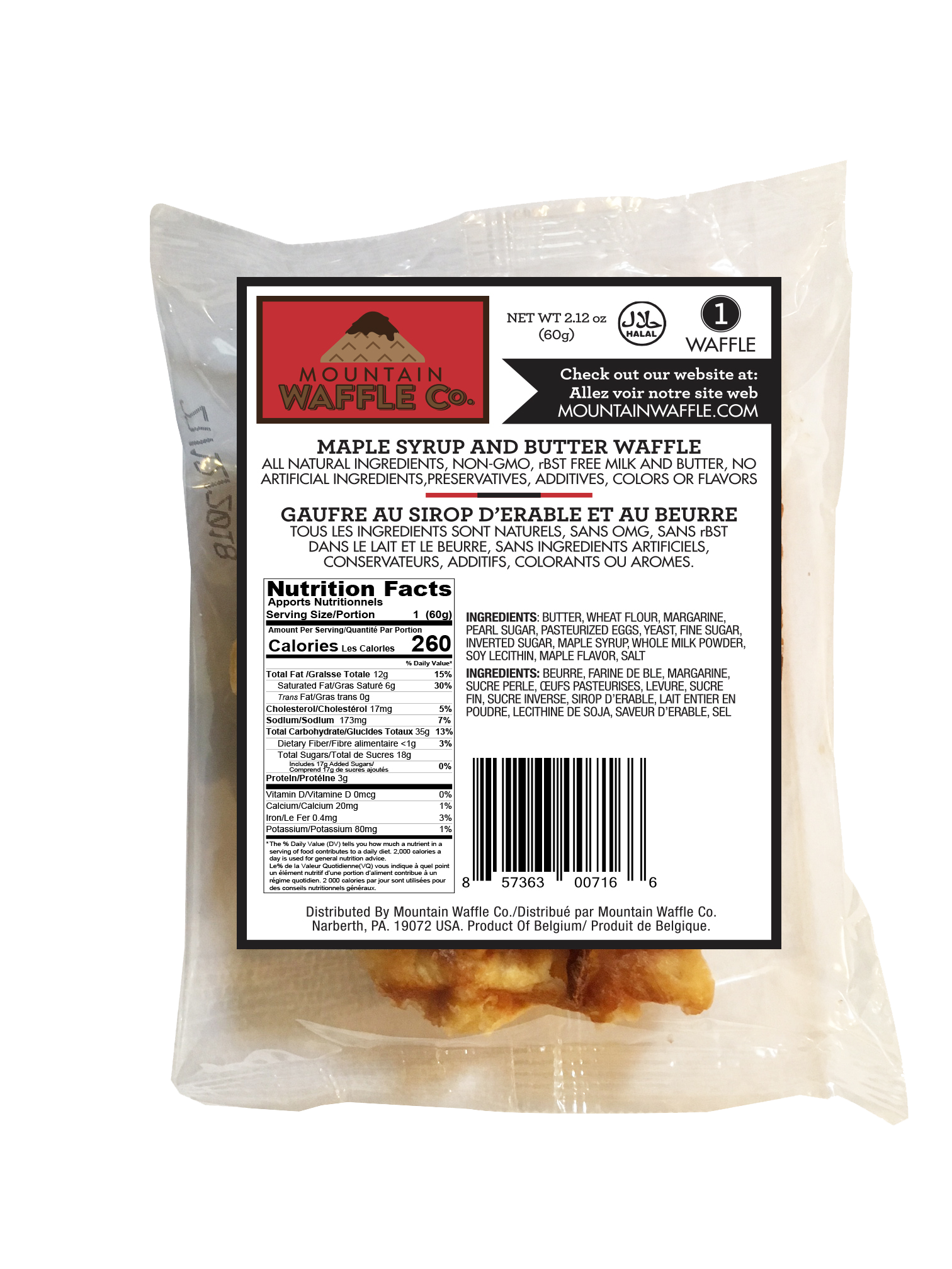 Individually wrapped Pure Maple Syrup & Butter Medium Liège Belgian waffle
