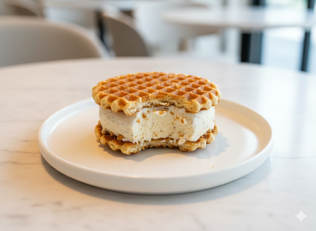 Ice cream sandwich made with large vanilla waffle crisps