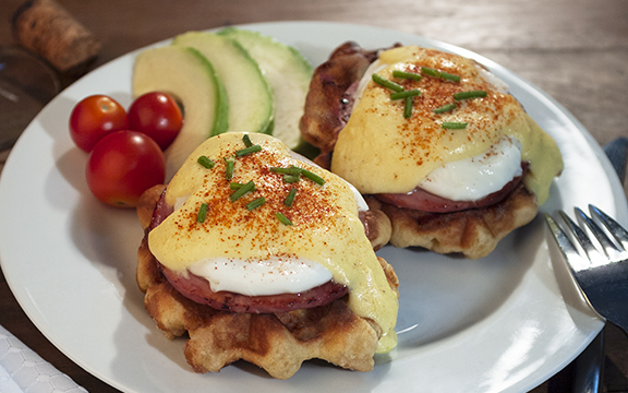 Eggs Benedict served on Liège Belgian waffles