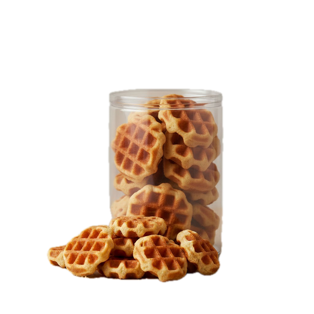 Clear cup filled with vanilla waffle bites