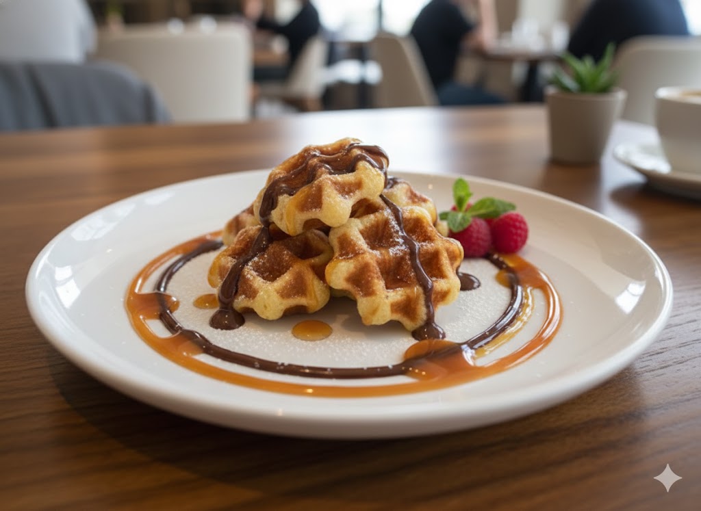 Waffle bites served on a platter with dipping sauces