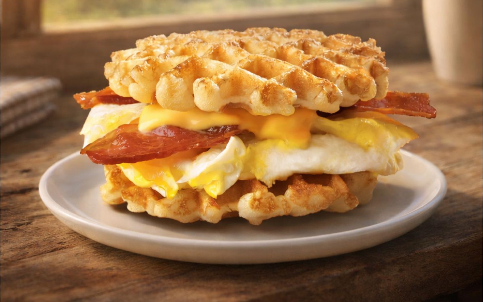 Bacon, fried egg and melted cheese sandwiched between two waffles on a plate