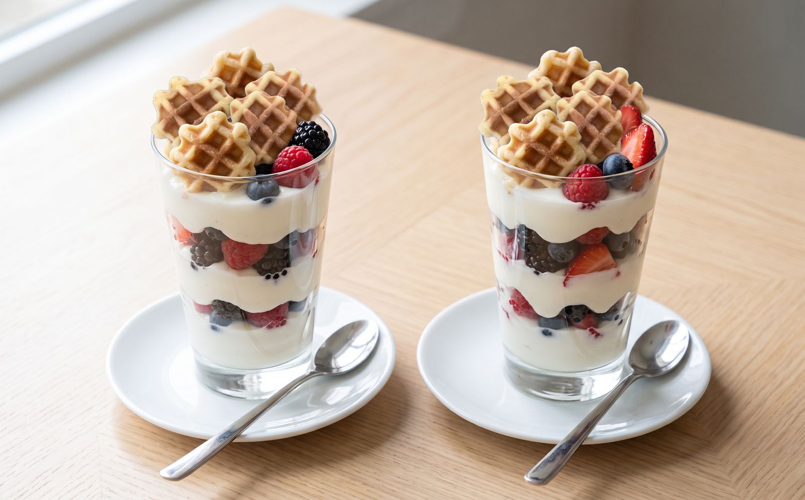 Two yogurt and berry parfaits in glasses, topped with waffle bites