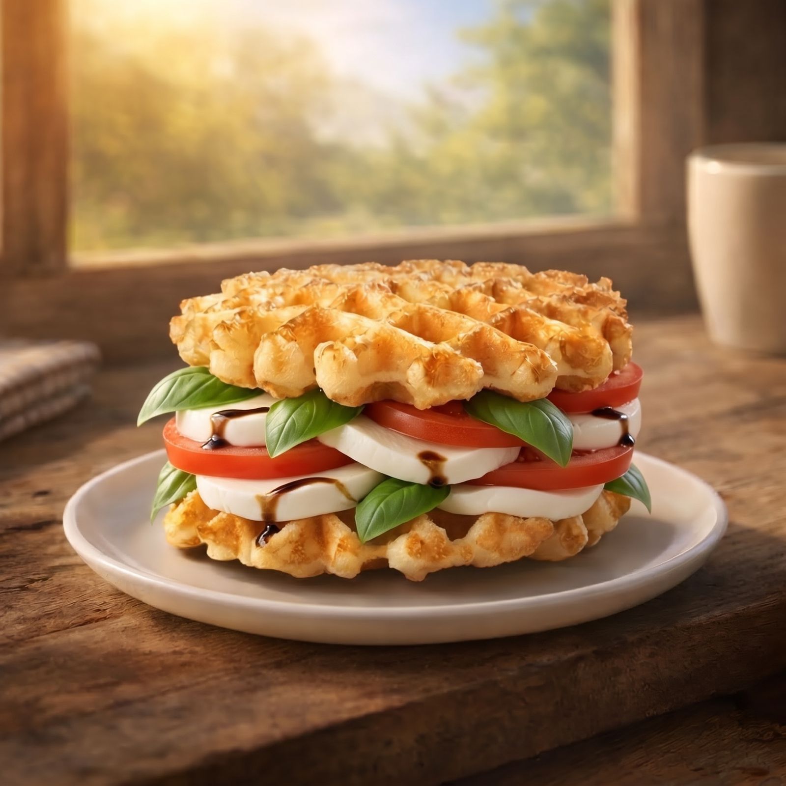 Fresh mozzarella, tomato slices and basil between two sandwich waffles on a plate