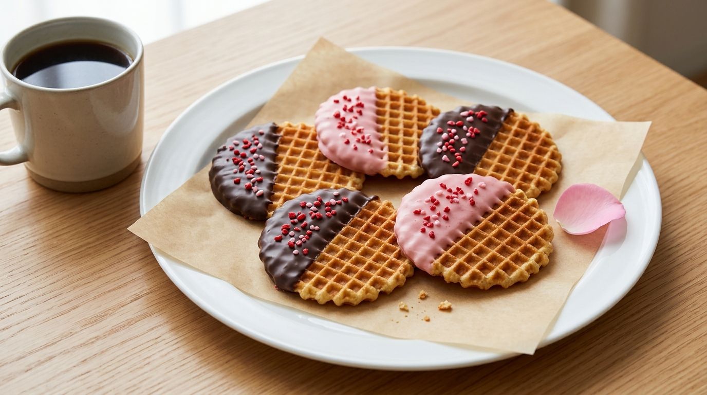 Waffle crisps half-dipped in dark chocolate and pink coating with sprinkles, beside a mug of coffee