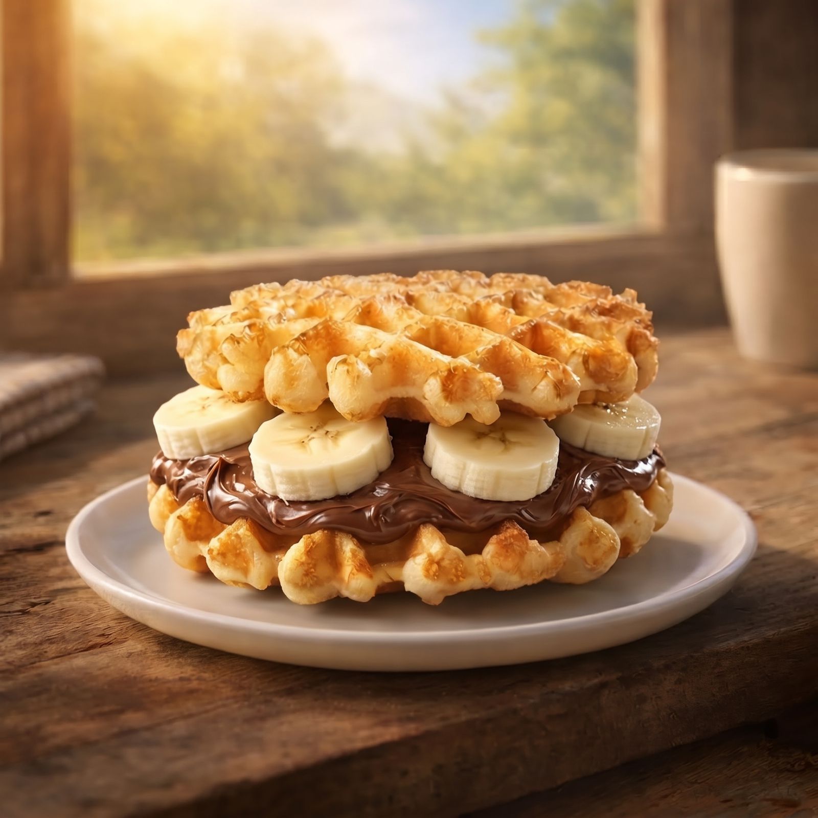 Chocolate-hazelnut spread and banana slices between two sandwich waffles on a plate