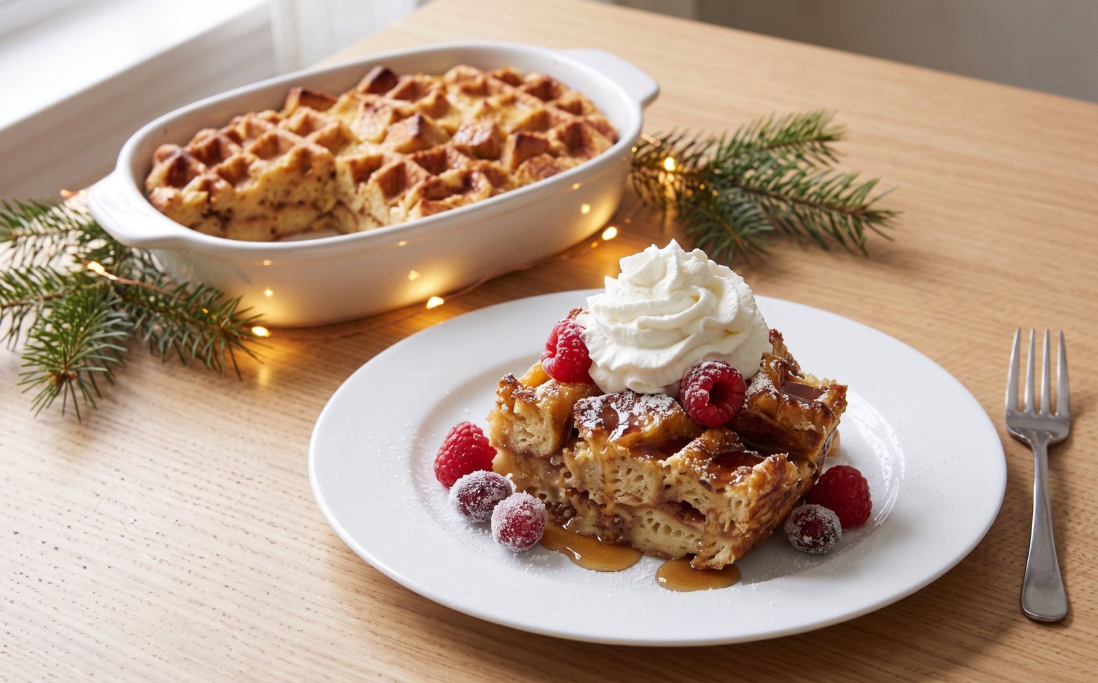 Serving of waffle bread pudding topped with whipped cream, raspberries, sugared cranberries and maple syrup, with the baking dish behind it