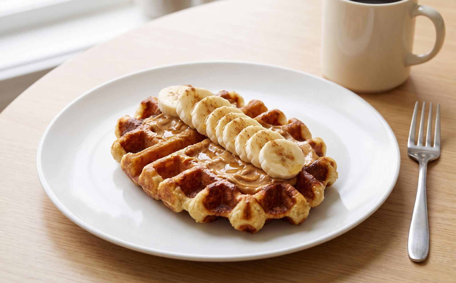 Liège waffle spread with peanut butter and topped with banana slices and honey