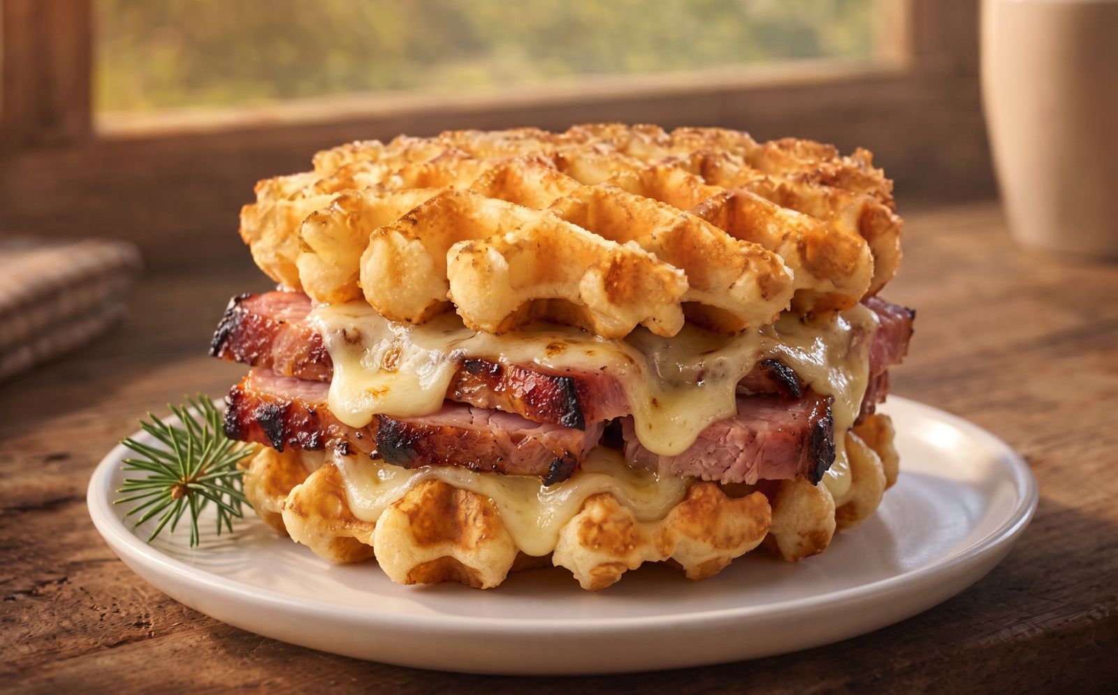 Thick slices of glazed ham with melted Gruyère between two sandwich waffles on a plate