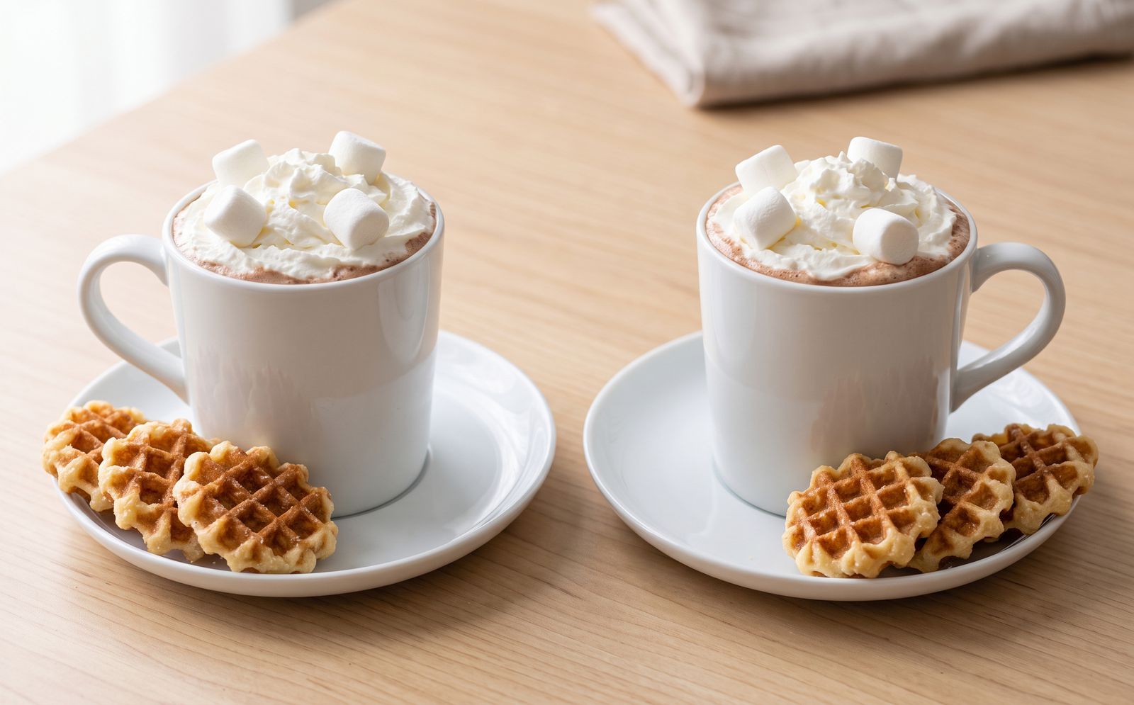 Two mugs of hot cocoa topped with whipped cream and marshmallows, with mini waffle crisps on the saucers