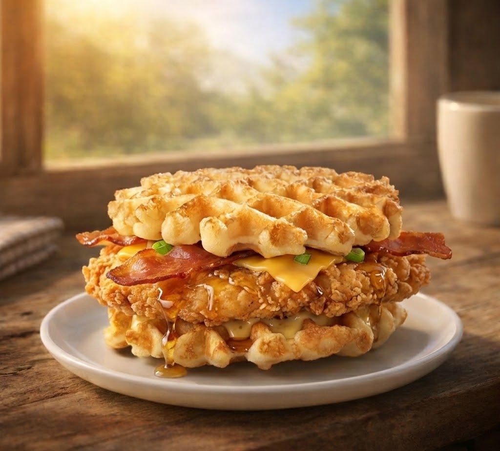 Crispy chicken cutlet sandwich on two sandwich waffles on a plate