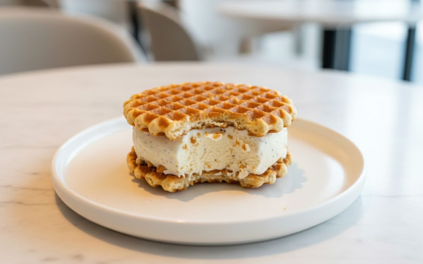 Vanilla ice cream sandwiched between two large waffle crisps on a white plate