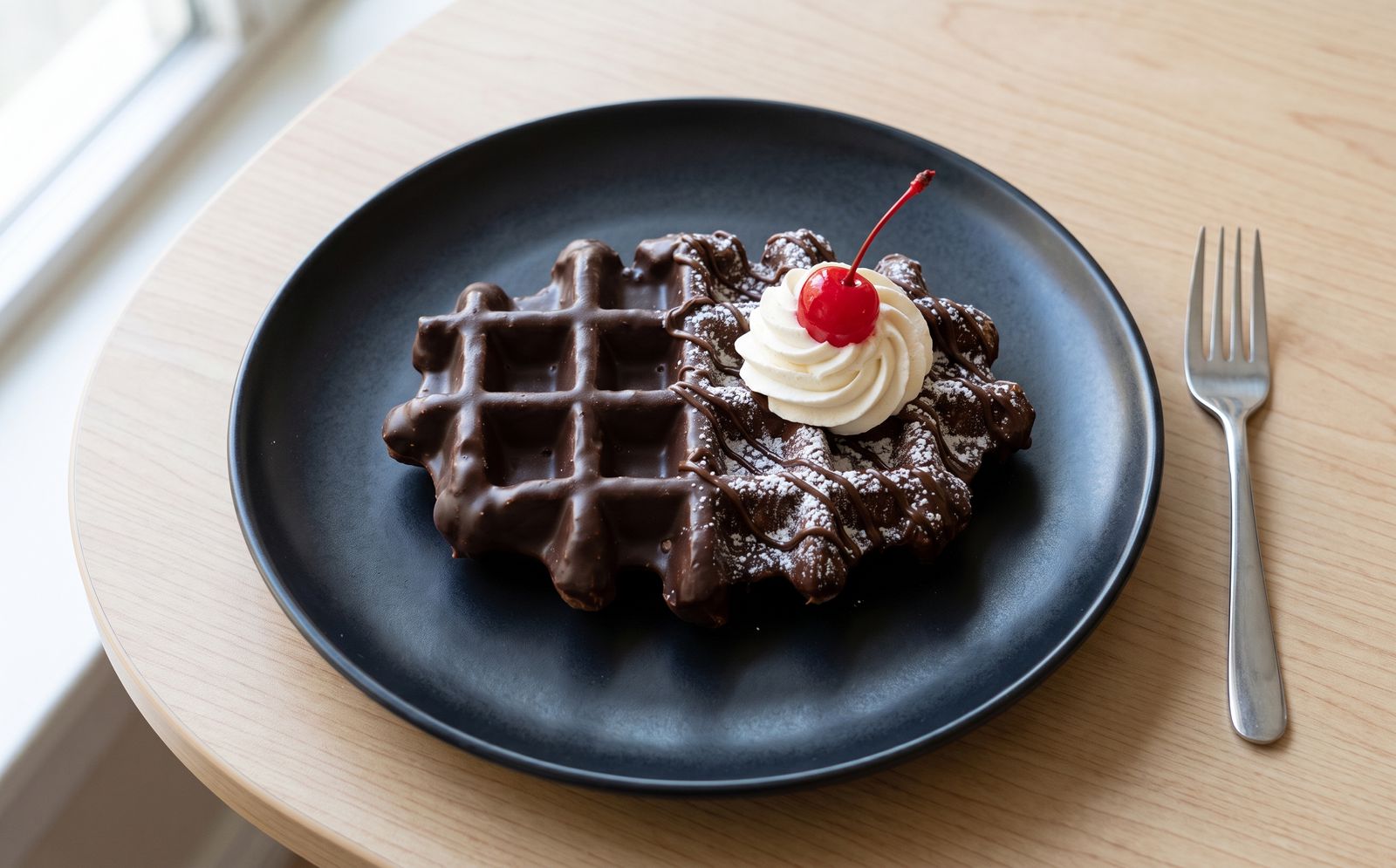 Cocoa-covered Liège waffle on a dark plate, topped with whipped cream and a cherry