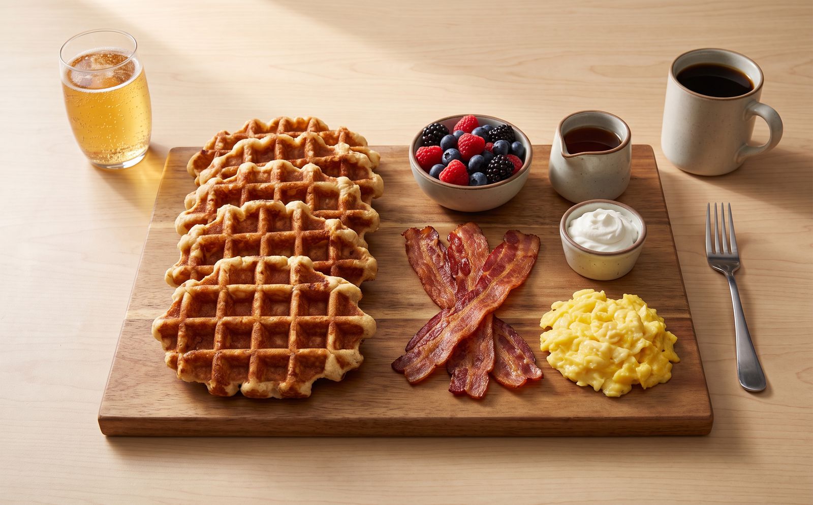 Brunch board with Liège waffles, bacon, scrambled eggs, berries, whipped cream and syrup