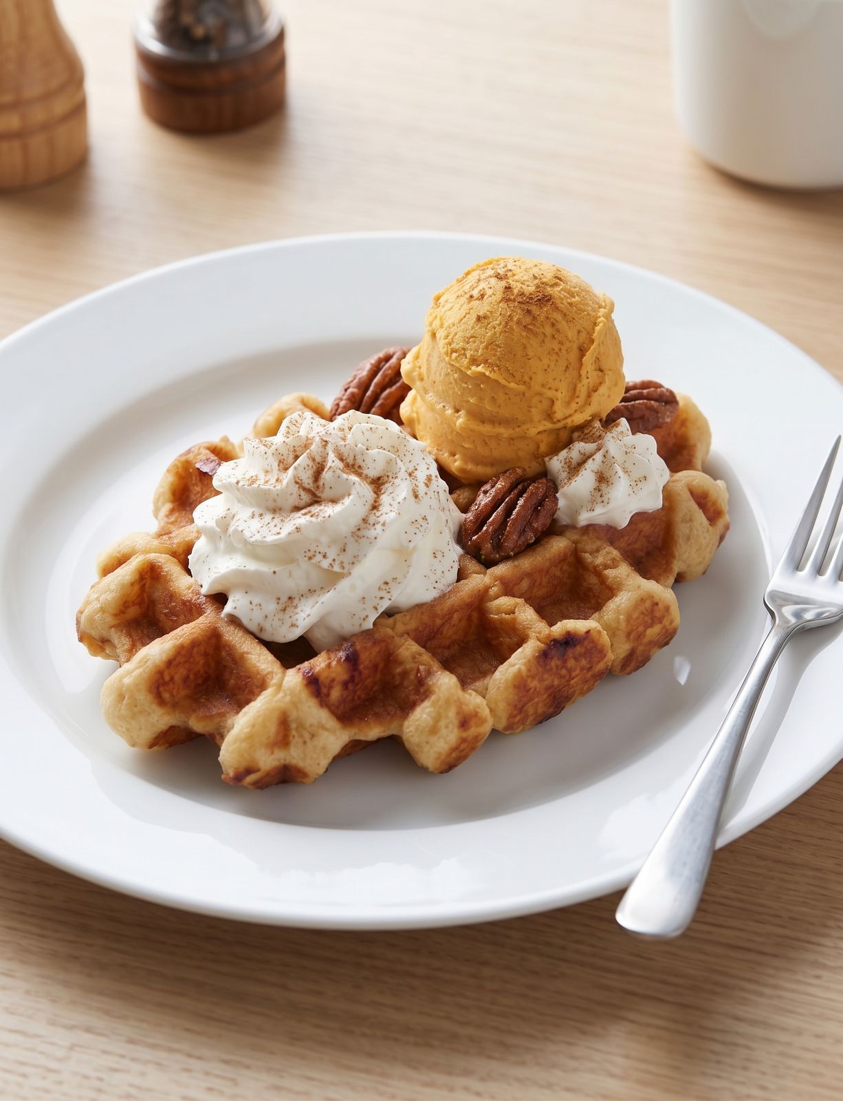 Liège waffle topped with a scoop of pumpkin ice cream, whipped cream, cinnamon and candied pecans