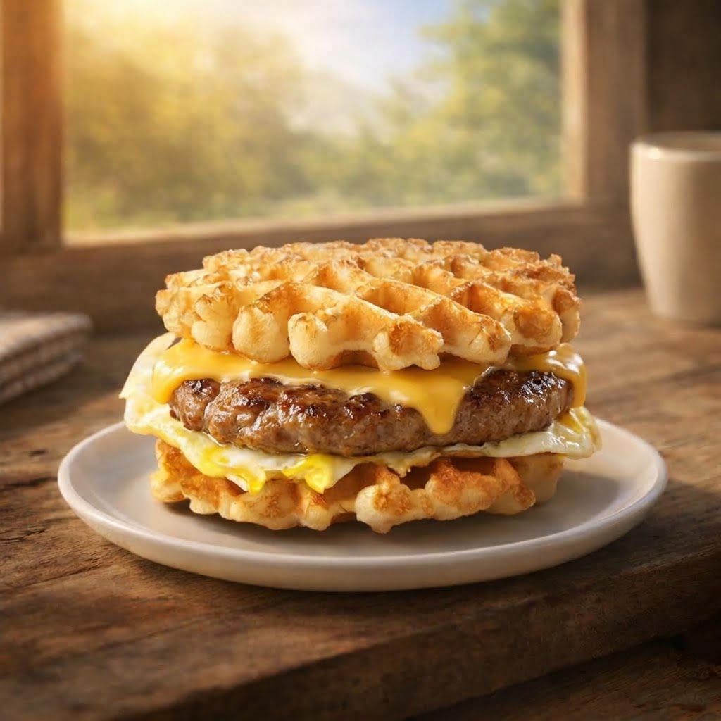 Sausage patty, egg and melted cheese between two sandwich waffles on a plate