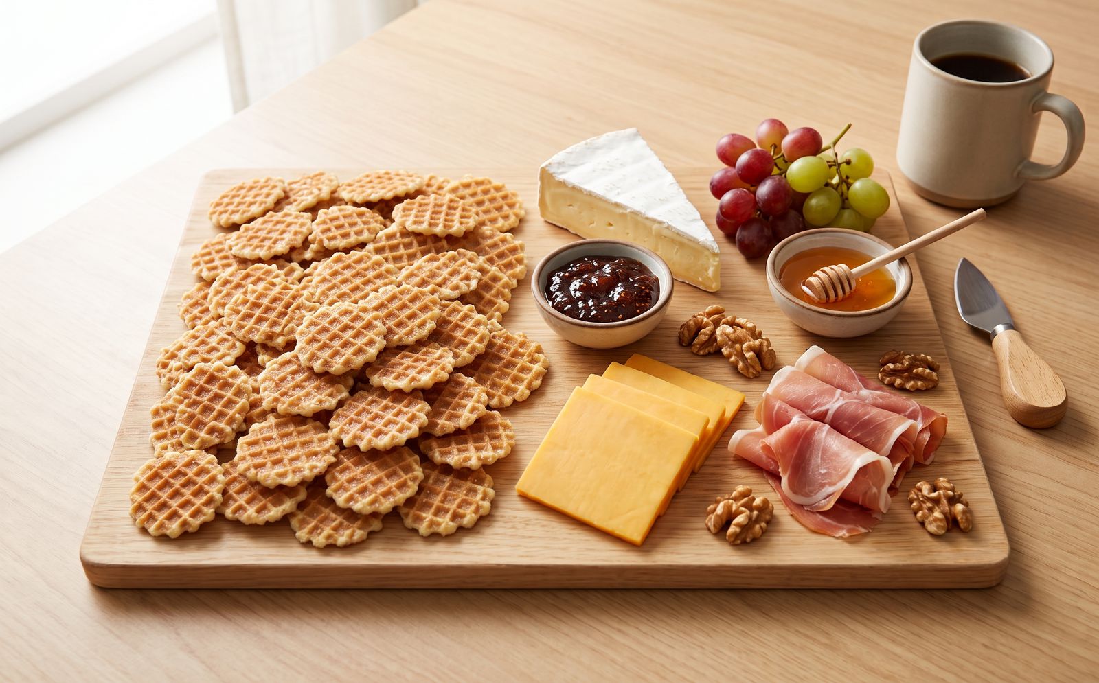 Cheese board with waffle crisps, brie, cheddar, prosciutto, fig jam, honey, grapes and walnuts