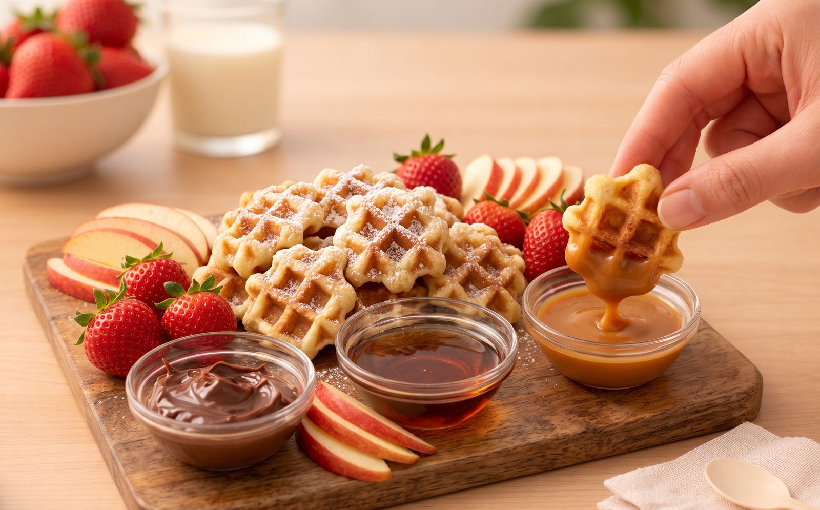 Board of waffle bites with chocolate, maple and caramel dips, strawberries and apple slices, and a hand dipping a bite