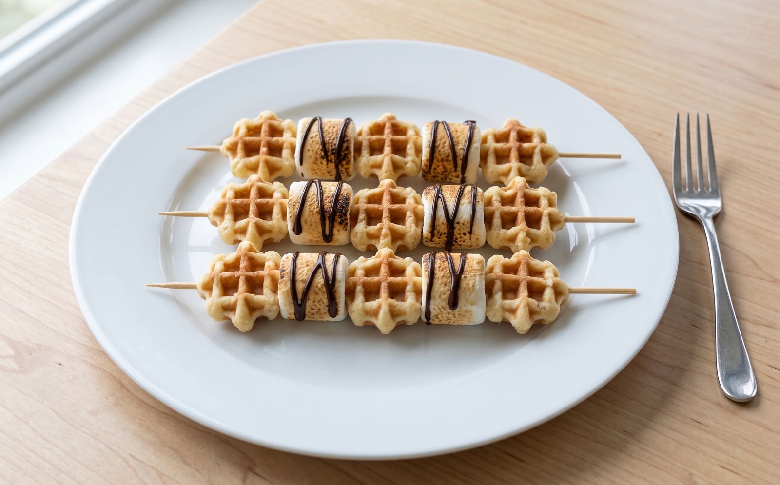 Three skewers of waffle bites and toasted marshmallows drizzled with chocolate on a white plate