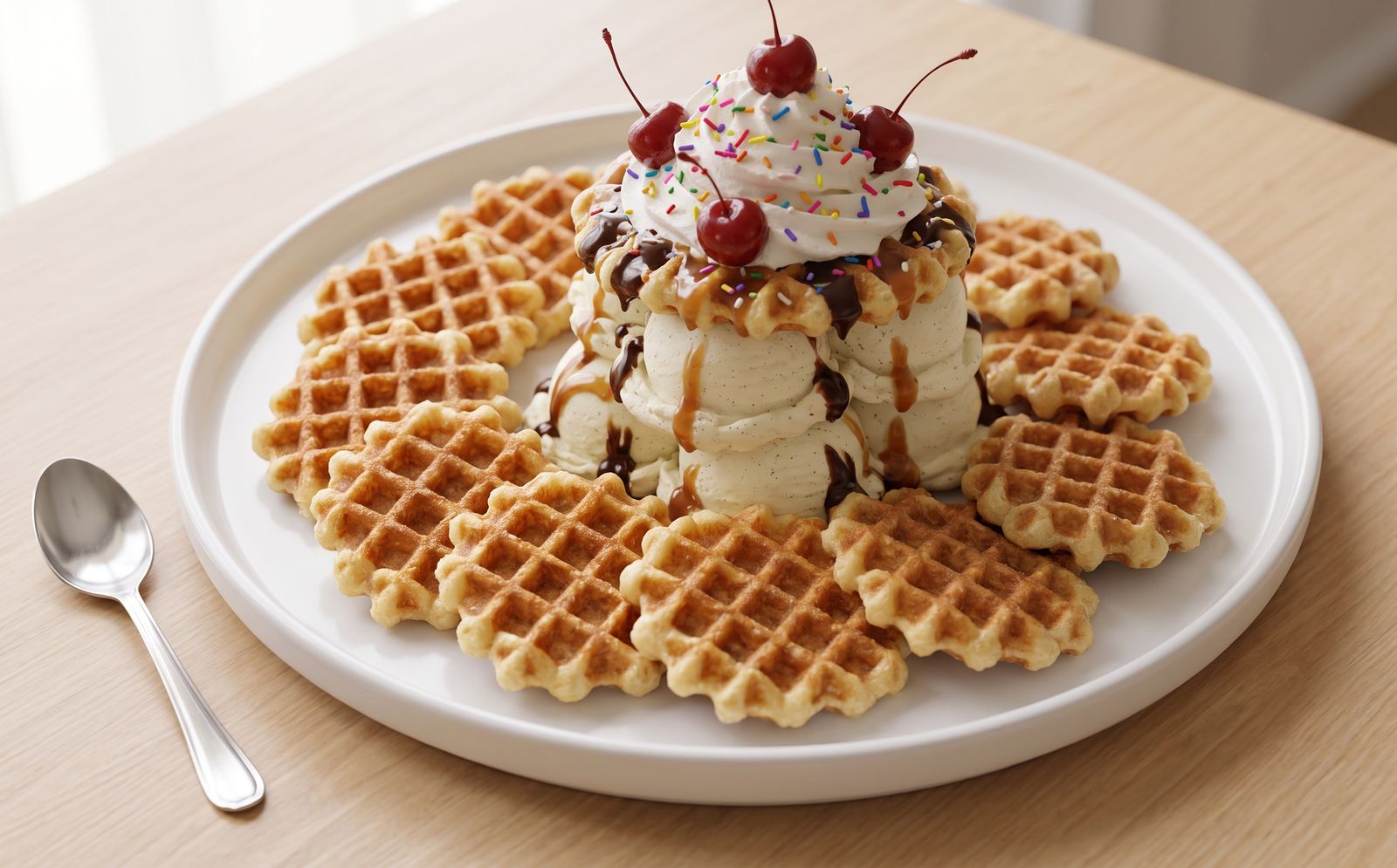 Mini waffle crisps arranged around scoops of ice cream topped with fudge, whipped cream, sprinkles and cherries