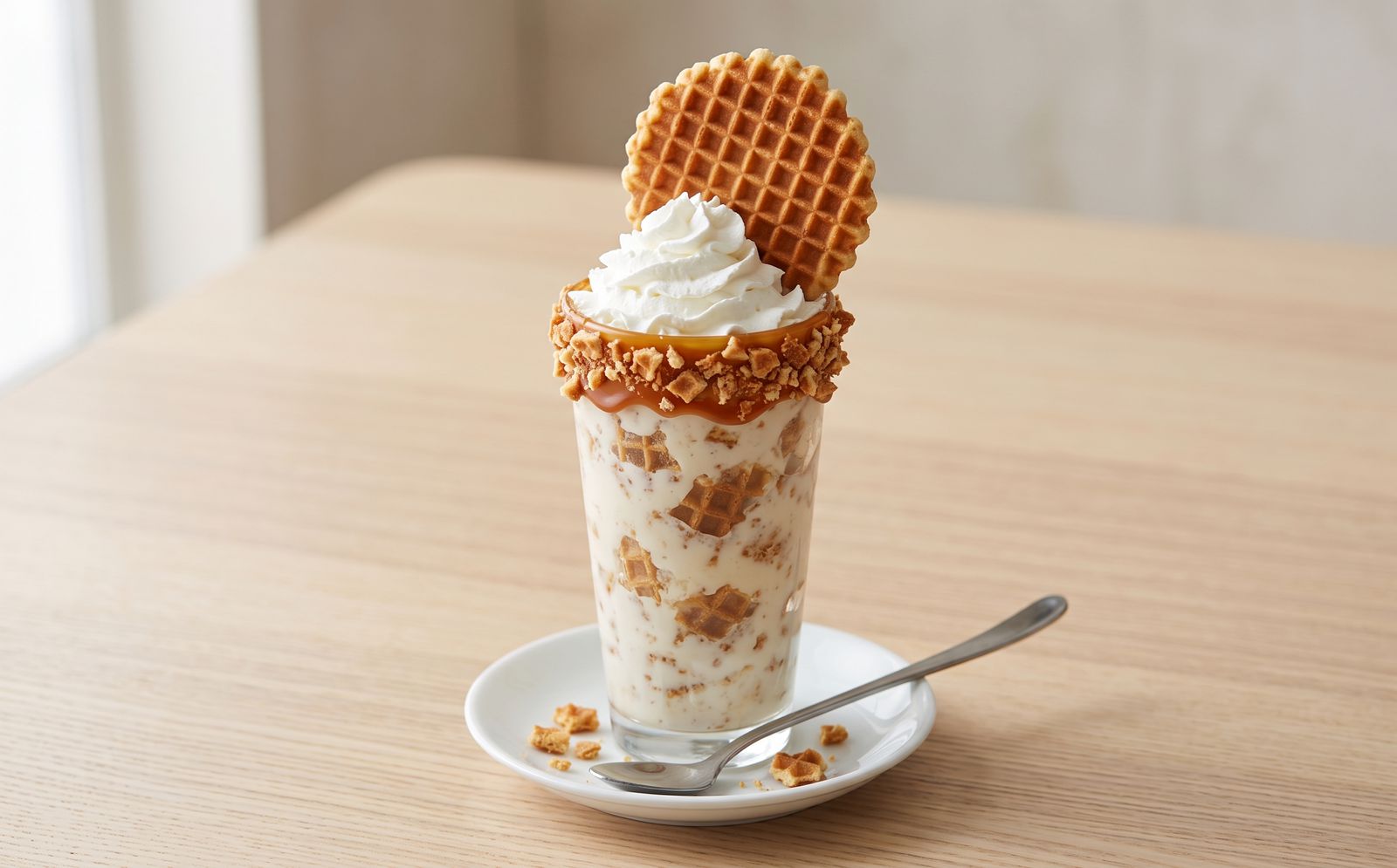 Vanilla milkshake in a tall glass with a caramel crumb rim, whipped cream and a waffle crisp on top