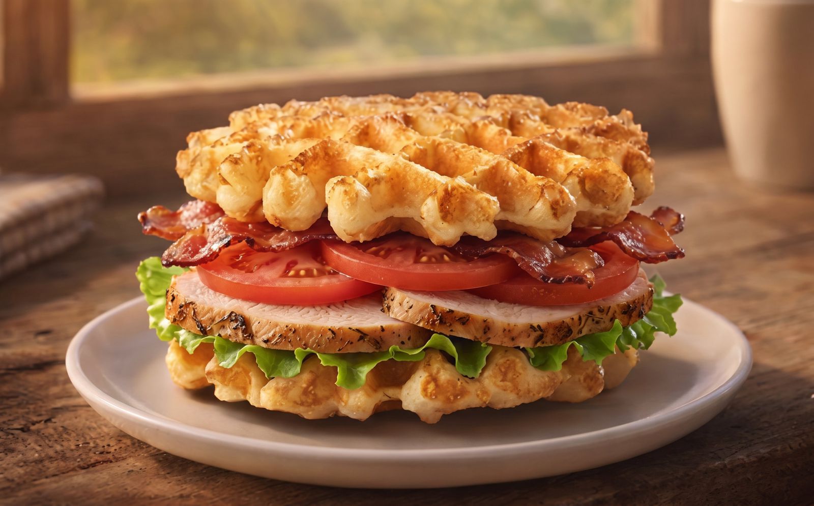 Thick-sliced roast turkey, bacon, tomato and lettuce between two sandwich waffles on a plate