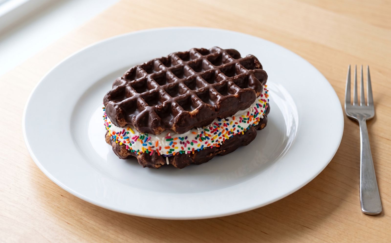 Marshmallow filling between two cocoa-covered Liège waffles, with the edges rolled in rainbow sprinkles