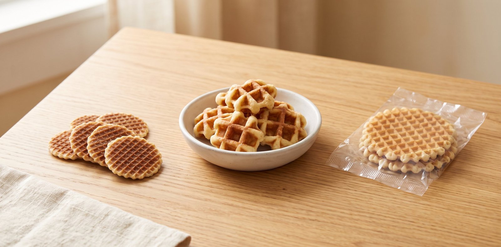 Mini waffle crisps, a bowl of waffle bites, and a wrapped two-pack of large waffle crisps on a wooden table